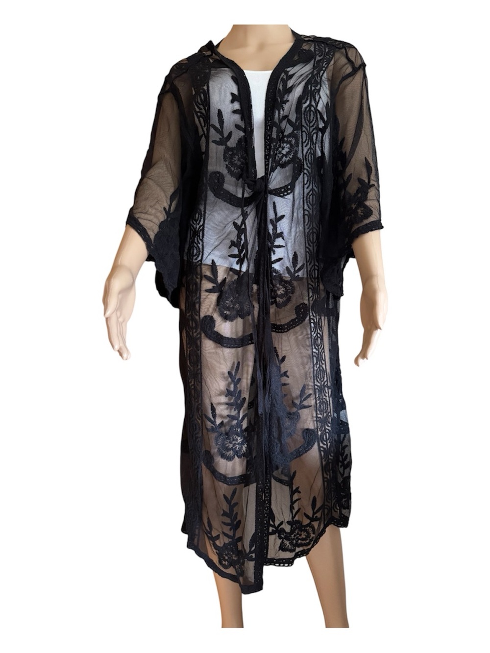 Vintage Black Sheer Embroidered Lace Kimono Beach Cover-Up